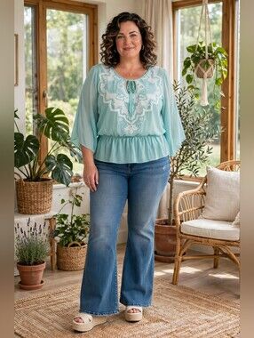 Women’s Light Teal Embroidered Peplum Blouse